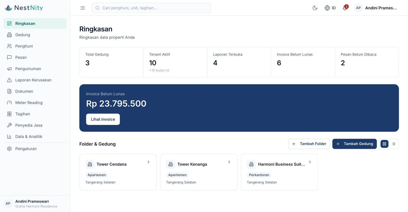 Web dashboard NestNity: ringkasan gedung dan tagihan (data demo)